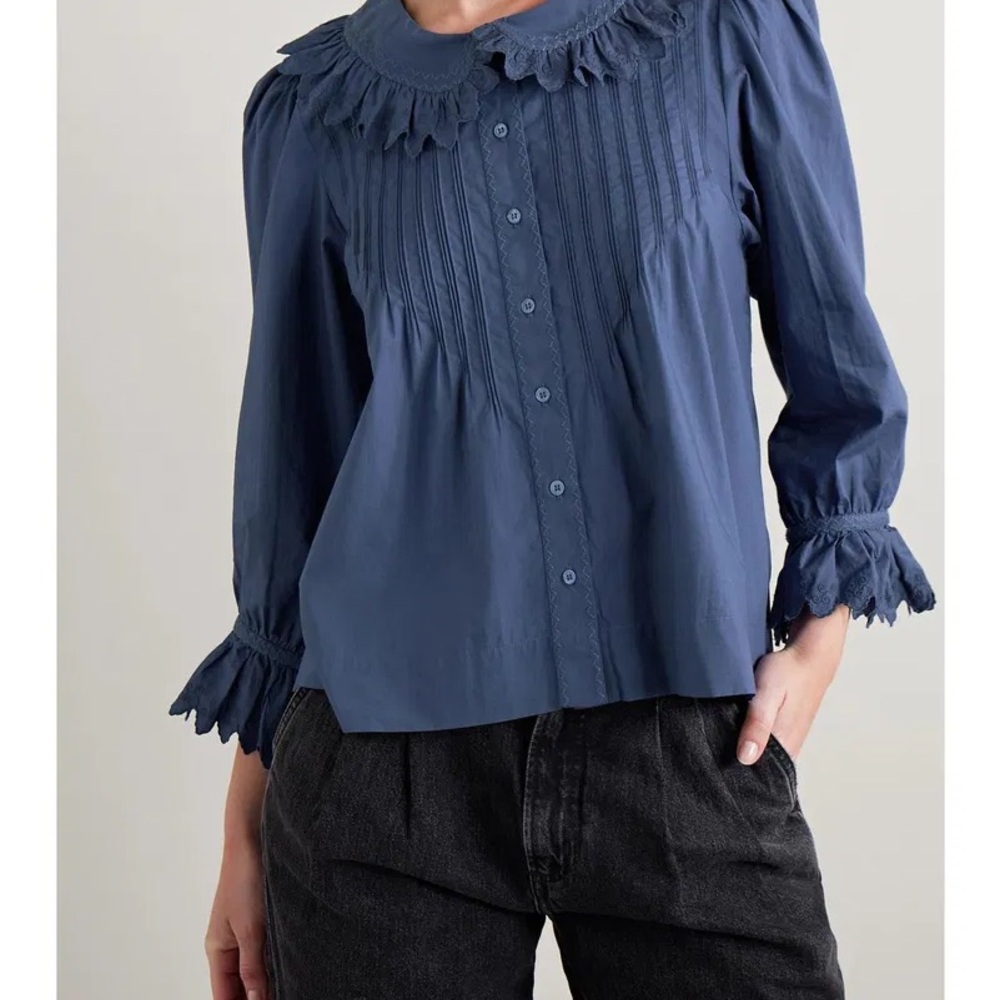 Doen Hickory Ruffled Pintucked Embroidered Organic Cotton-Poplin Blouse